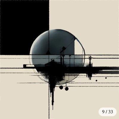 The image features a black and white abstract art piece that depicts an industrial scene with various elements such as buildings, power lines, and a clock. The artwork has a unique style characterized by its use of lines and shading techniques. The artist's signature is placed in the bottom right corner of the image.