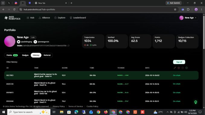 A screenshot of a hub.astrobotics.ai/hub-portfolio page for 'New Age' showing statistics including Total Stamps: 1034, Verified: 100.0%, Avg Score: 62.5, Points: 1,712, and Stamps Collection: 10/15.