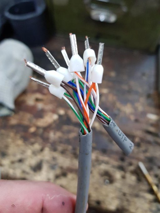 A hand holds a stripped grey multi-conductor cable, revealing several pairs of twisted wires in colors like orange, green, blue, and brown, each fitted with white wire ferrules on the ends.