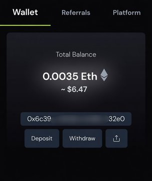 A crypto wallet interface displays a Total Balance of 0.0035 ETH (~$6.47) with a partial wallet address "0x6c39...32e0" and Deposit/Withdraw buttons, illustrating the type of earnings users are receiving from the SocialFi platform promotion.