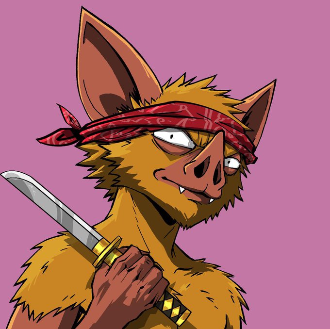 Cartoon-style illustration of a furry bat-like humanoid character with large pointed ears, wearing a red bandana around its head and holding a katana sword against a pink background.