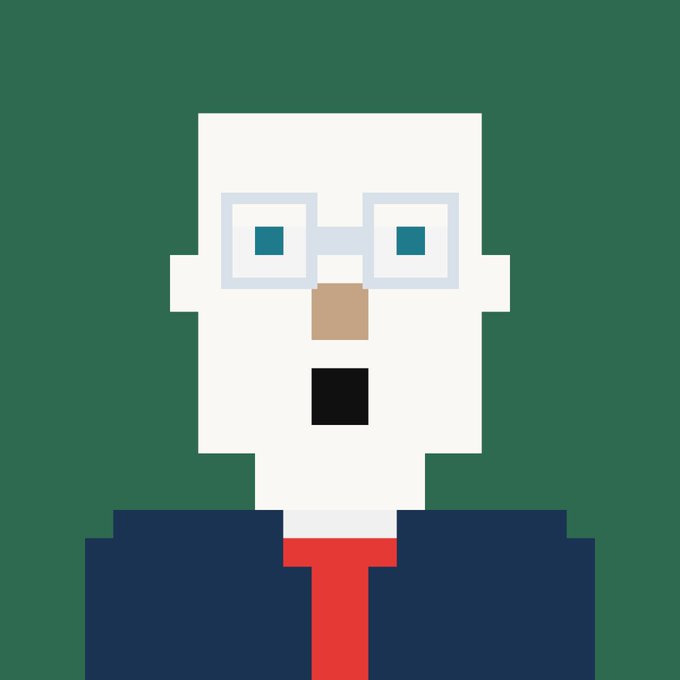 A pixel art portrait of an elderly man with glasses, a white beard, and a dark suit against a green background.