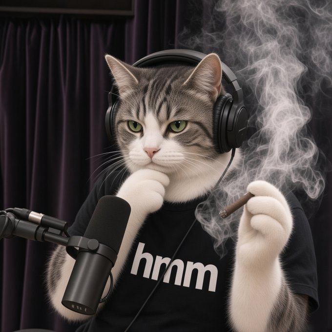 A whimsical image of a gray tabby cat wearing black headphones and a black t-shirt with 'hmm' printed on it, holding a cigar with smoke rising, positioned in front of a studio microphone.