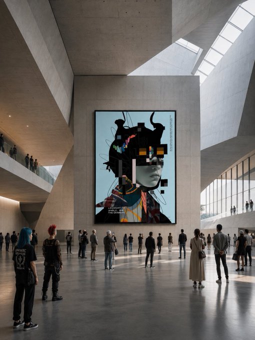 An architectural photograph of a modern museum interior with concrete walls and angular skylights, where visitors observe a large digital portrait artwork featuring a pixelated/glitched face on a screen.
