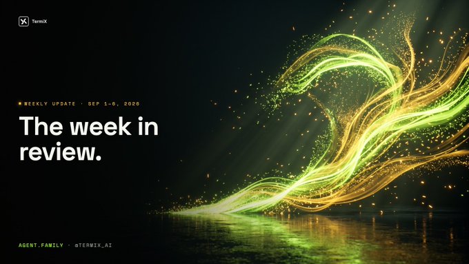 A promotional banner titled 'The week in review.' for TermX Weekly Update dated SEP 1-9, 2026, featuring green and gold flowing light effects on a dark background.