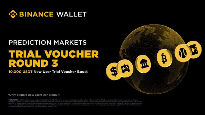 The image is a Binance Wallet promotional banner for "Prediction Markets Trial Voucher Round 3," offering 10,000 USDT in new user trial vouchers, limited to eligible first-come participants. It features a stylized golden globe surrounded by crypto icons (dollar, controller, building, Bitcoin, Ethereum, BNB), reinforcing the post's message of a limited-time, global reward window from July 6 to July 7 at 10:00 UTC.