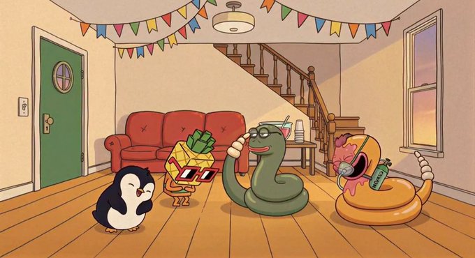An animated illustration showing a penguin, a pineapple with sunglasses, a snake on a phone, and a donut character with an antenna dancing in a living room decorated with colorful bunting.