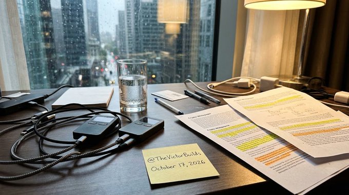 A hotel desk by a rainy window with a sticky note reading "@TheVictorBuilds October 17, 2026", alongside a glass of water, cables, and printed documents.