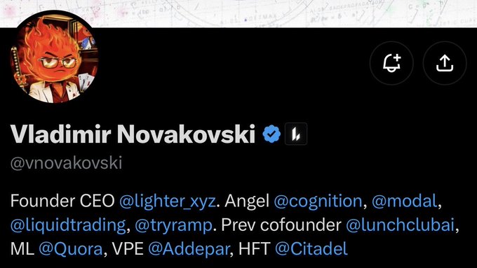 A Twitter/X profile for Vladimir Novakovski (@vnovakovski), Founder CEO of @lighter_xyz, with bio mentioning Angel investments in @cognition, @modal, @liquidtrading, @tryramp and previous roles at @lunchclubai, @Quora, @Addepar, and @Citadel.