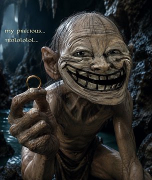 A Gollum figure from Lord of the Rings holding up the One Ring with the text 'my precious... rkolololol...' overlaid on the image.