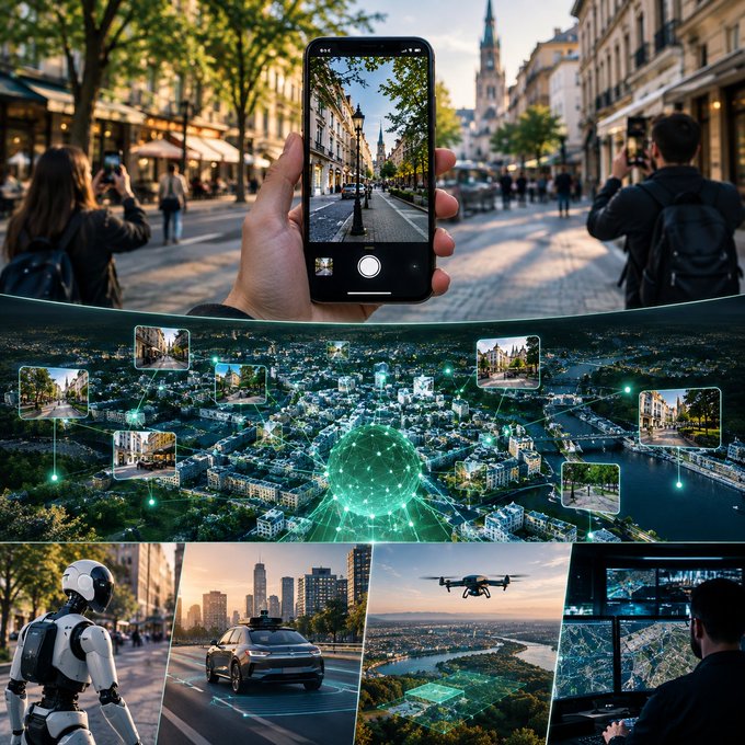 A composite digital illustration showing a hand holding a smartphone taking a photo of a European street, overlaid with futuristic graphics of drones, a robot, a self-driving car, and aerial city views.
