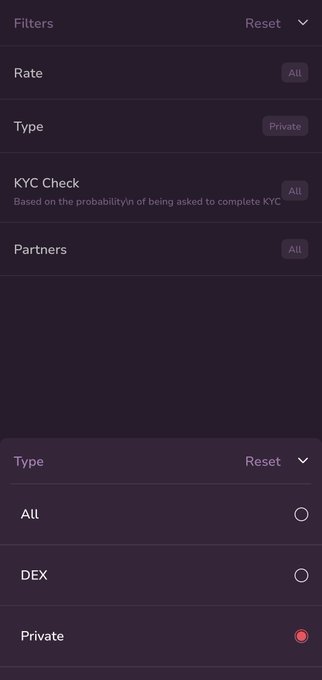 A mobile app filter menu in dark mode with options for Rate, Type (set to Private), KYC Check, and Partners (all set to All), with a bottom Type selector showing choices for All, DEX, and Private (currently selected).