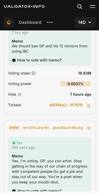 A Validator.Info dashboard showing governance memos and voting activity, including a memo suggesting to 'ban GP and his 12 minions from using IBC' with 18.83M voting stake and 0.0021% voting power.