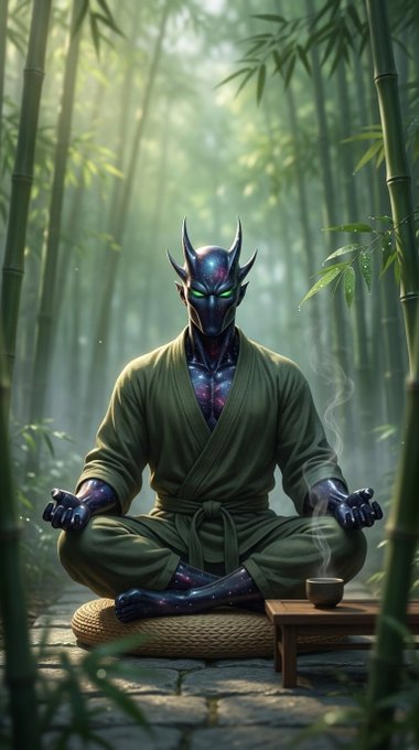 The image features a man sitting cross-legged with his hands folded in front of him, wearing a robe or kimono. He has a cup of tea next to him, suggesting he might be taking a break from some form of meditation or relaxation practice. The background is filled with bamboo trees and plants, creating an atmosphere of tranquility and peace. The caption "Gm CT Silent mind, loud presence Let' s build" implies that the man's actions in this image are aligned with the concept of mindfulness and inner peace, which is often associated with meditation practices.