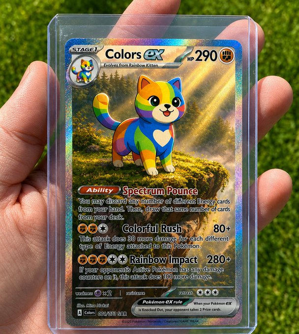 A hand holds a holographic Pokémon trading card titled "Colors ex" featuring a rainbow-colored kitten with 290 HP, set against a forest background with abilities "Spectrum Pounce," "Colorful Rush" (80+), and "Rainbow Impact" (280+). The CA code "DCmeU6DAdNqMNamxw4Uw4Zp6rdVwwRcJDDpbPVJCULT" suggests this is a crypto/NFT asset, likely the card's digital token identifier linked to collectible trading content.