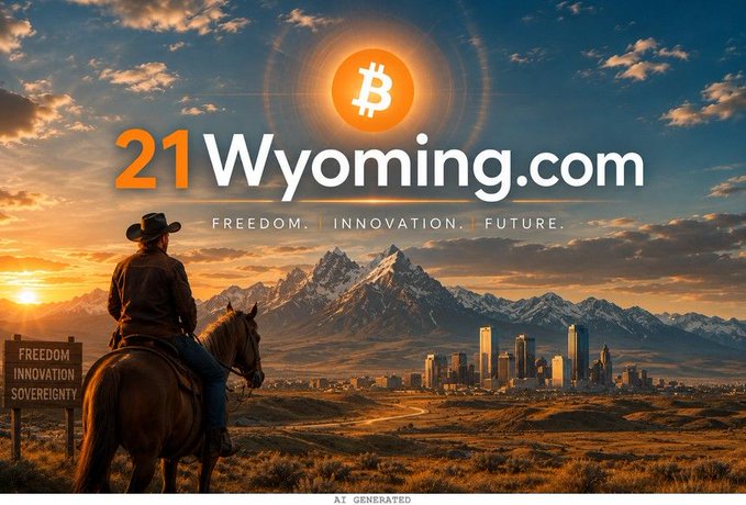 A promotional banner for '21Wyoming.com' with the tagline 'FREEDOM. INNOVATION. FUTURE.' featuring a cowboy on horseback overlooking mountains and a city skyline, with a Bitcoin logo above and a sign reading 'FREEDOM INNOVATION SOVEREIGNTY'.