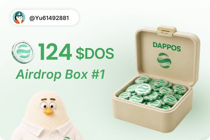 A promotional graphic for 'DAPPOS Airdrop Box #1' showing 124 $DOS coins in a box, with the username '@Yu61492881' and a small animated bird mascot.