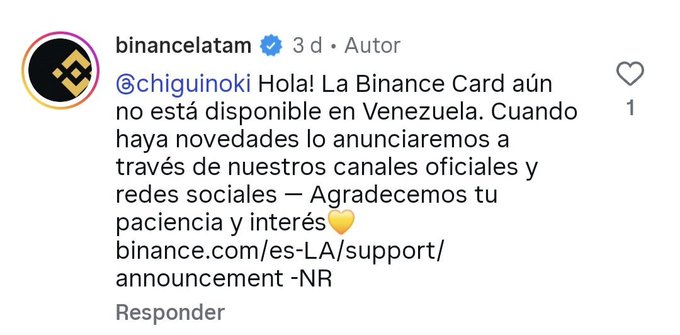 An Instagram comment from the verified account 'binancelatam' replying in Spanish that the Binance Card is not yet available in Venezuela.