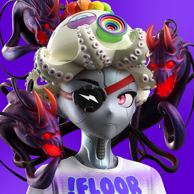 A 3D-rendered character with a metallic robotic body, a colorful rainbow lollipop on its head, an eyepatch, and dark purple tentacles with red eyes wears a shirt reading '!FLOOR'.