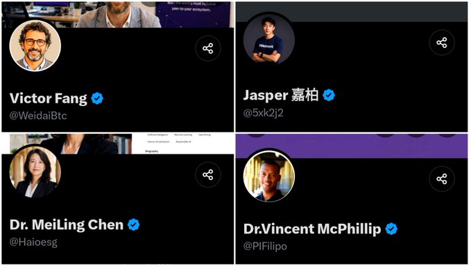 The image displays four Twitter profile cards featuring verified accounts of individuals named Victor Fang (@WeidaiBtc), Jasper 嘉柏 (@5xk2j2), Dr. MeiLing Chen (@Haioesg), and Dr. Vincent McPhillip (@PIFilippo), showcasing a collage that the accompanying post references as a "Pi Core Team" lineup highlighting figures like Victor Fang, Mei-Ling Chen, and Vincent McPhillip.