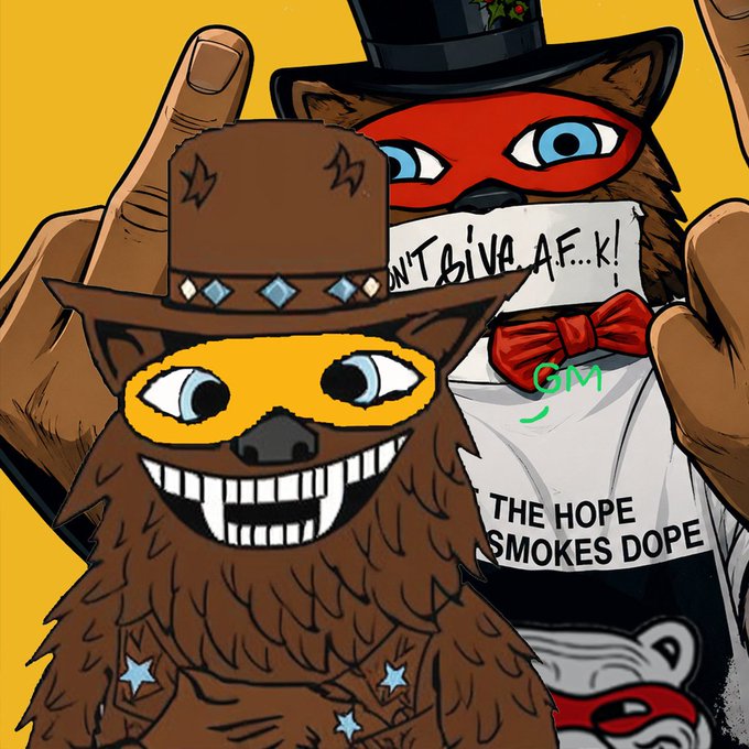 A cartoon illustration of two animals in disguise, one wearing a cowboy hat and the other a top hat with a sign reading 'ANTI GIVA A.F..K! THE HOPE SMOKES DOPE'.