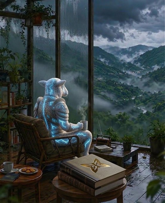 A humanoid figure with a dog-like head and glowing blue cybernetic armor sits in a wicker chair overlooking a lush mountainous landscape through large windows, holding a steaming cup beside a stack of books with a golden emblem.