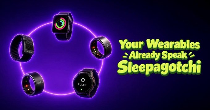 A promotional graphic with a dark purple background displaying various wearable devices arranged in a circle, with the text 'Your Wearables Already Speak Sleepagotchi'.