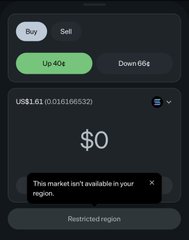A dark-mode trading interface shows "Buy" and "Sell" options with "Up 40¢" and "Down 66¢" buttons, displaying the ticker "US$1.61 (0.016160532)" and "$0" balance, while a message reads "This market isn't available in your region" and "Restricted region" — illustrating the geo-blocking workaround the post suggests by using PayBox to place positions on World (world_xyz).