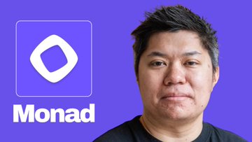 A photo of a man smiling in front of a purple background featuring the 'Monad' logo.