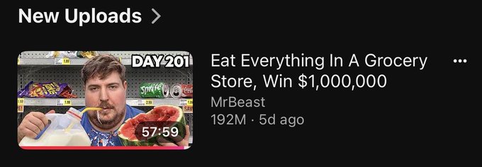 A YouTube thumbnail displays MrBeast with the title "Eat Everything In A Grocery Store, Win $1,000,000," showing 192M views from 5 days ago.
