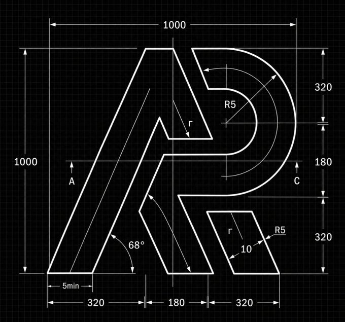 A technical CAD blueprint of an 'AP' logo design with precise dimensions including 1000x1000 overall size, 68° angle, and R5/R10 radius specifications.
