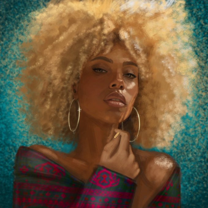 A digital painting by @KazspeakArt of a Black woman with a voluminous blonde afro, gold hoop earrings, and an off-shoulder patterned top, posing thoughtfully against a teal background, collected as the second edition of the piece "Nily" for 15 xtz.