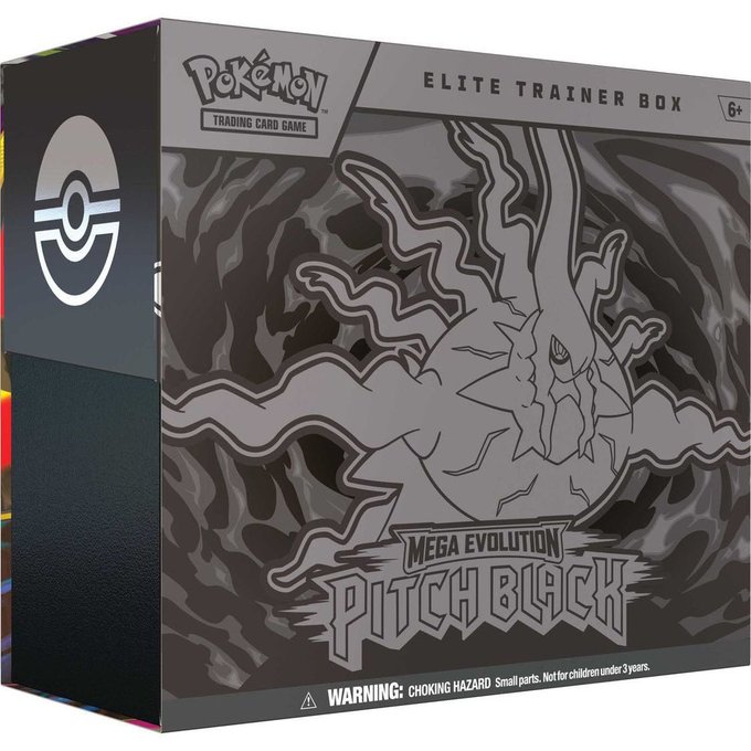 Product photo of the Pokemon Trading Card Game 'MEGA EVOLUTION PITCH BLACK' Elite Trainer Box, featuring black and silver artwork with a stylized creature design.