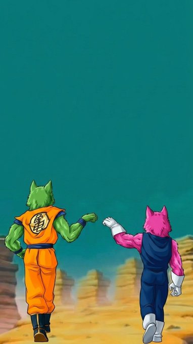 Two anthropomorphic wolves—one green in an orange gi and one pink in blue—fist-bump in a barren wasteland, symbolizing camaraderie and a shared mission to "feed the pack." The kanji 亀 ("Kame," meaning turtle/tortoise) on the green wolf's back hints at a Dragon Ball-inspired aesthetic, reinforcing the teamwork narrative.