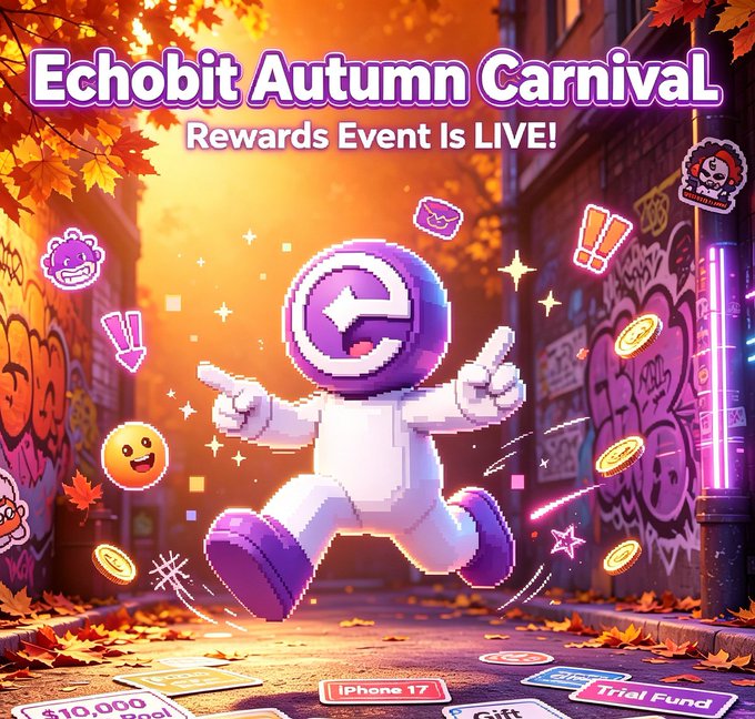 A colorful promotional graphic for the 'Echobit Autumn Carnival' rewards event featuring a pixel-art character jumping in an alleyway with autumn leaves, showing prizes like $10,000, iPhone 17, and Trial Fund.