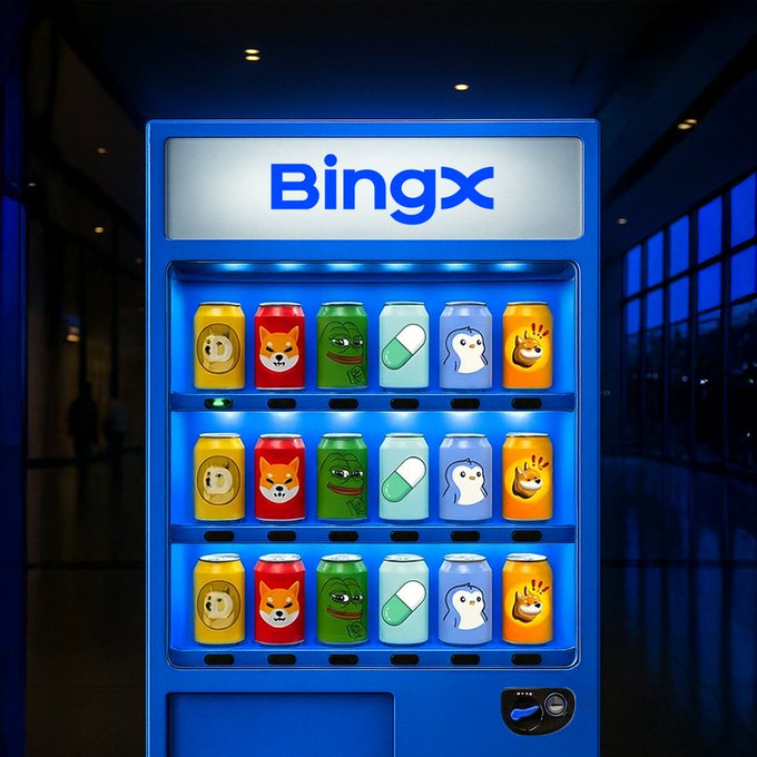 A blue BingX-branded vending machine displays colorful cans featuring crypto mascots like Doge, Pepe, and a ghost, each representing a different token. The caption "thirsty for gains? pick one" ties in perfectly, suggesting traders choose their favorite meme coin like a refreshing drink from the machine.