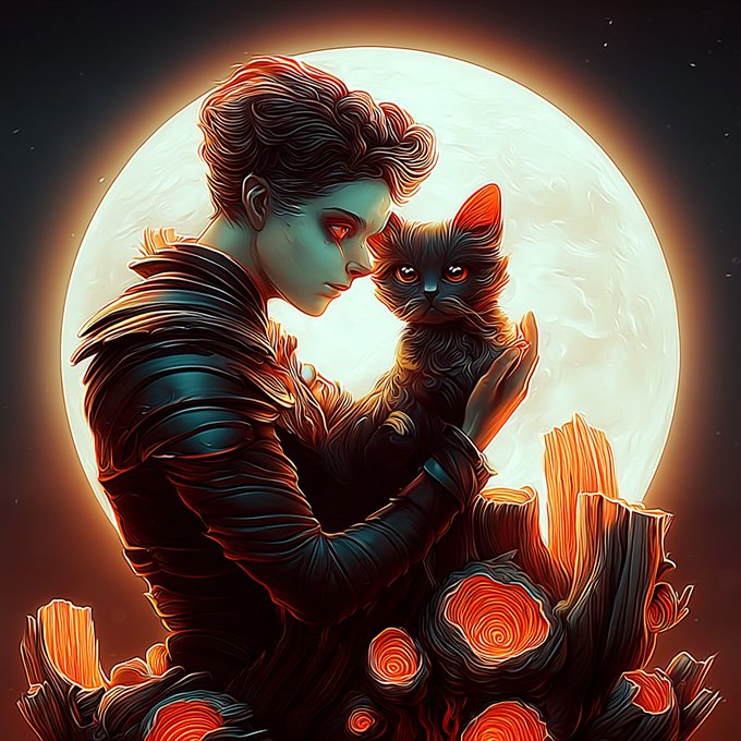 A stylized digital illustration showing a person with short wavy hair tenderly holding a dark cat, silhouetted against a large glowing moon with wooden or rose-like textures below.