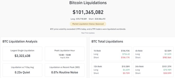 A Bitcoin liquidations dashboard showing $101,365,082 in total liquidations with BTC price volatility exceeding 2.99%, including analysis of largest single liquidation ($3,322,638), peak hour (12:00-13:00), and total amounts at various timeframes.