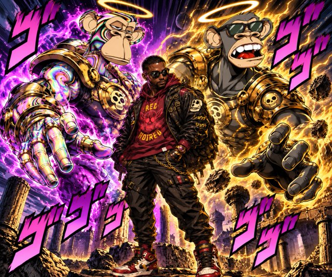 A stylized illustration of a Black male character wearing sunglasses and a red "FREE" hoodie standing between two large armored apes—one surrounded by purple energy and one by yellow fire—against a ruined cityscape with pink lightning bolt text.