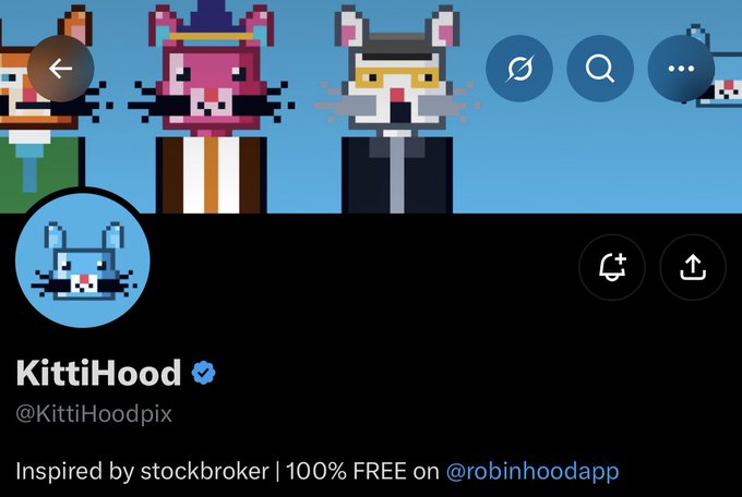 A Twitter/X profile for "KittiHood" (@KittiHoodpix) featuring pixel art cats styled after the Robinhood mascot, with the bio reading "Inspired by stockbroker | 100% FREE on @robinhoodapp." The image aligns with the post announcing a freemint collaboration on Robinhood Chain, showcasing the brand's trading-inspired pixel art aesthetic.