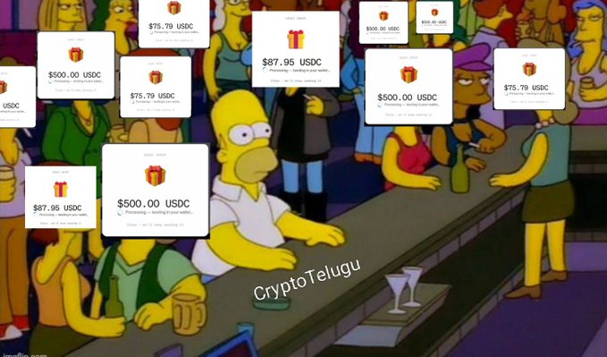 The image features a scene from The Simpsons showing Homer at Moe's bar, overlaid with multiple screenshots of Moonpay PayBox notifications awarding various USDC gift amounts (ranging from $75.79 to $500). This relates to the post about missing Moonpay's PayBox drop and celebrating received USDC rewards, with "CryptoTelugu" watermarked across it.