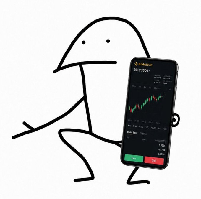 A minimalist black line drawing of a figure resembling a frog or abstract character, overlaid with a smartphone displaying the Binance BTC/USDT trading chart and Buy/Sell buttons.