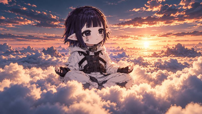 An anime-style illustration of a purple-haired elf-like character meditating cross-legged above clouds at sunset, wearing a white tactical outfit with '天使' (angel) written on the face.