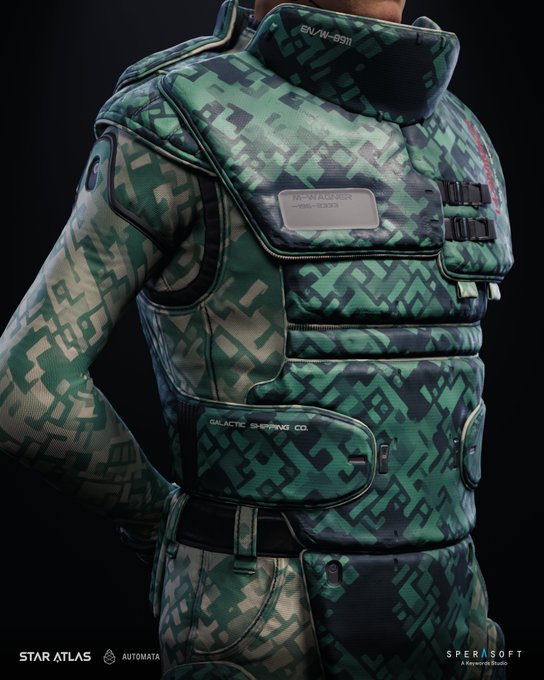 A figure wearing a green and beige camouflage tactical vest stands in profile, featuring "GALACTIC SHIPPING CO." and "NEW ADAMSKI" patches along with "EUA-VA-099" text. The "Patiently waiting." caption complements the still, side-facing posture of the character in what appears to be a Star Atlas promotional render.