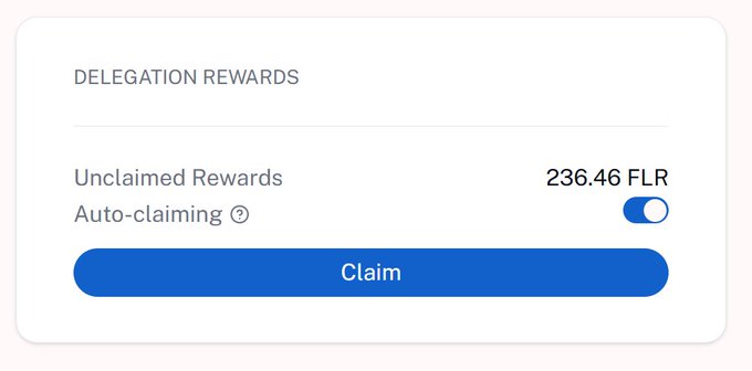 A digital interface showing 'Delegation Rewards' of 236.46 FLR with an enabled auto-claiming toggle and a blue 'Claim' button.