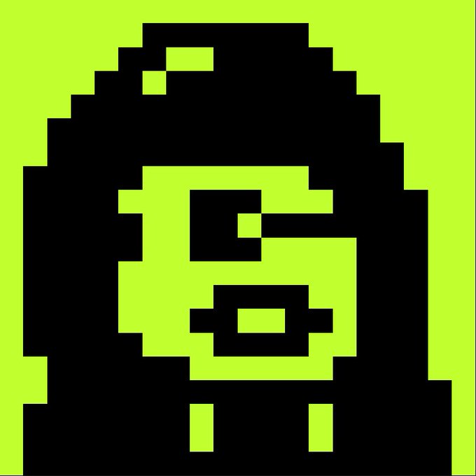 A pixel art image depicts a stylized figure with a face, rendered in black and bright green-yellow.