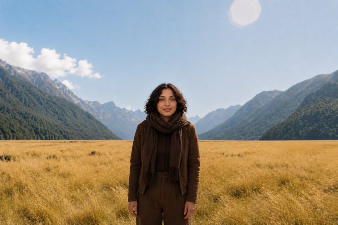 A woman wearing a brown scarf and sweater stands in a golden grassy field with snow-capped mountains in the background under a bright, sunny sky.