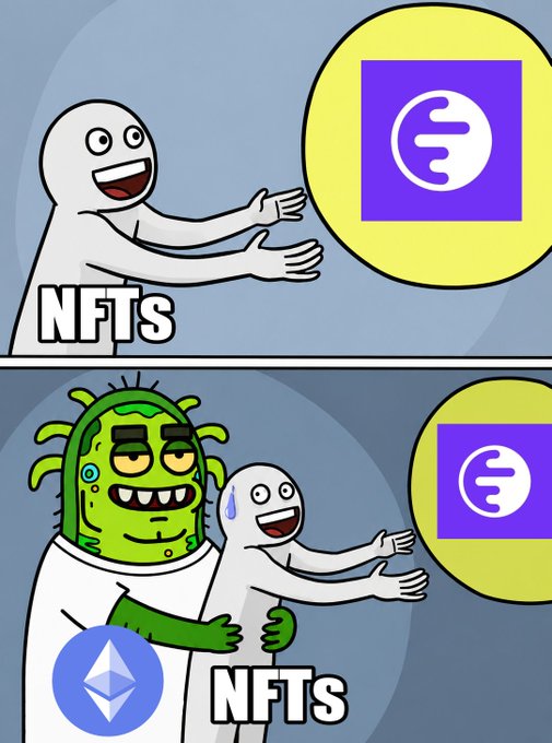 A two-panel meme showing a stick figure labeled 'NFTS' reaching for an Enjin (ENJ) logo, then in the second panel the stick figure is nervously hugging a green monster with an Ethereum (ETH) logo as the ENJ logo moves away, illustrating the rise of Ethereum over Enjin in NFTs.