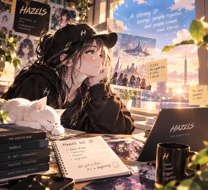 Anime-style artwork for 'HAZELS' showing a dark-haired girl at a desk with a notebook, white cat, and laptop, with text promoting it as an 'ORIGINAL IP NFT COMMUNITY CREATOR' and 'THE EIGHTH RISE'.