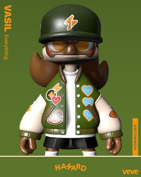 A stylized 3D character figure named "VASIL" is shown wearing a green bomber jacket adorned with colorful patches (hearts, mushrooms, a broken egg), orange-tinted sunglasses, and a green cap with a lightning bolt, set against a green background with "HAZARD" and "veve" branding—teasing the upcoming VeVe digital collectible drop by Hands In Factory.